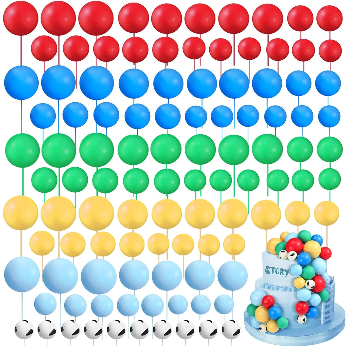 108 Pcs Balls Cake Topper DIY Cupcake Insert Foam Balloons for Cake Baking Wedding Anniversary Birthday Decoration(Green,Blue,Yellow,Red,Cow Color,Multi Sizes)