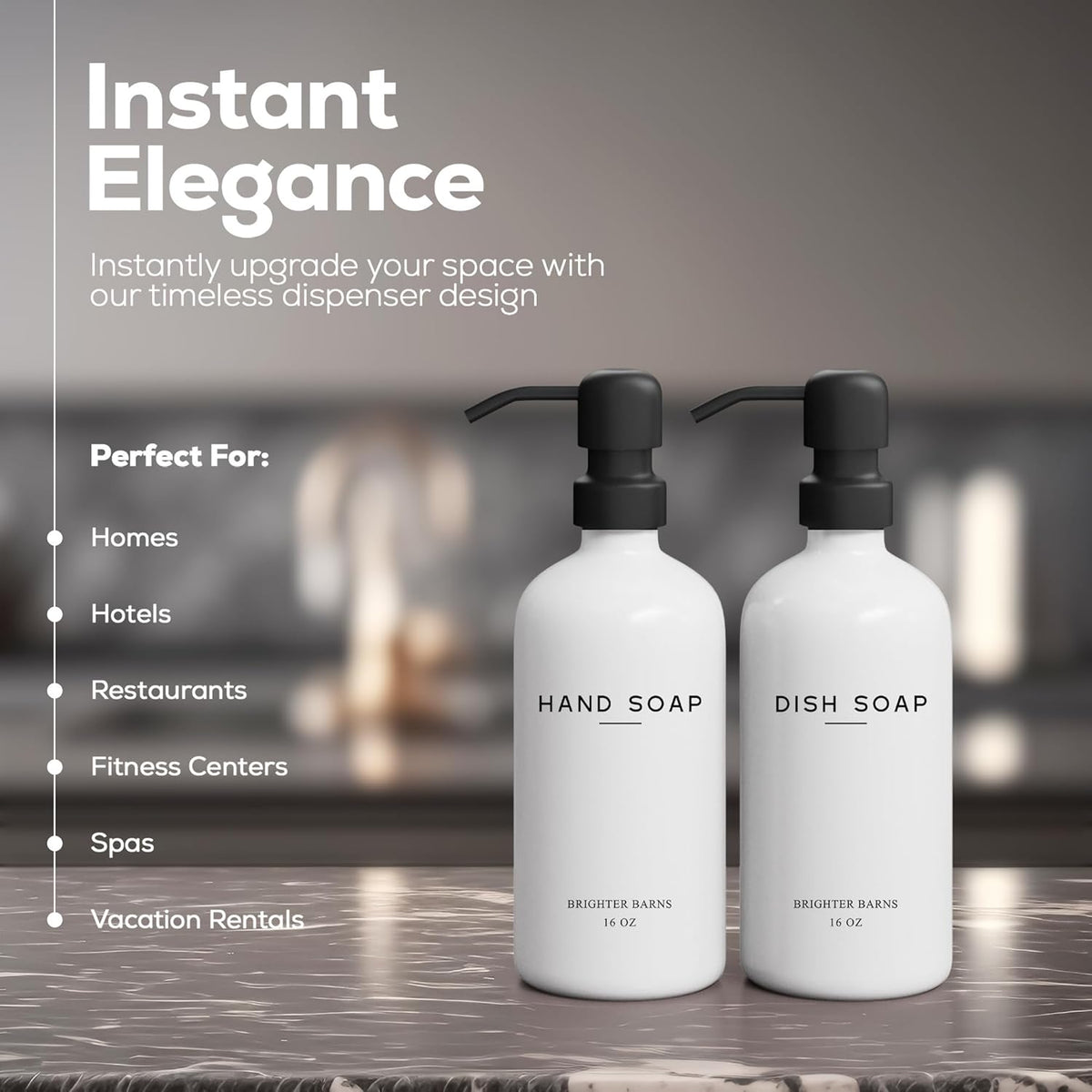 White Glass Hand and Dish Soap Dispenser Set by Brighter Barns - Kitchen Soap Dispenser & Stainless Steel Pump - Glass Bottles for Kitchen Sink - Farmhouse Home Decor, Bathroom Accessories (White)