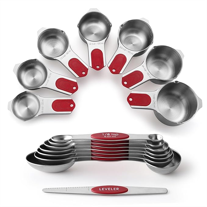 Spring Chef Magnetic Measuring Cups & Spoons Set, Patented, Strong N45 Magnets, Heavy Duty Stainless Steel Fits in Spice Jars for Baking & Cooking, BPA Free, Round Set of 15 with Leveler, Red
