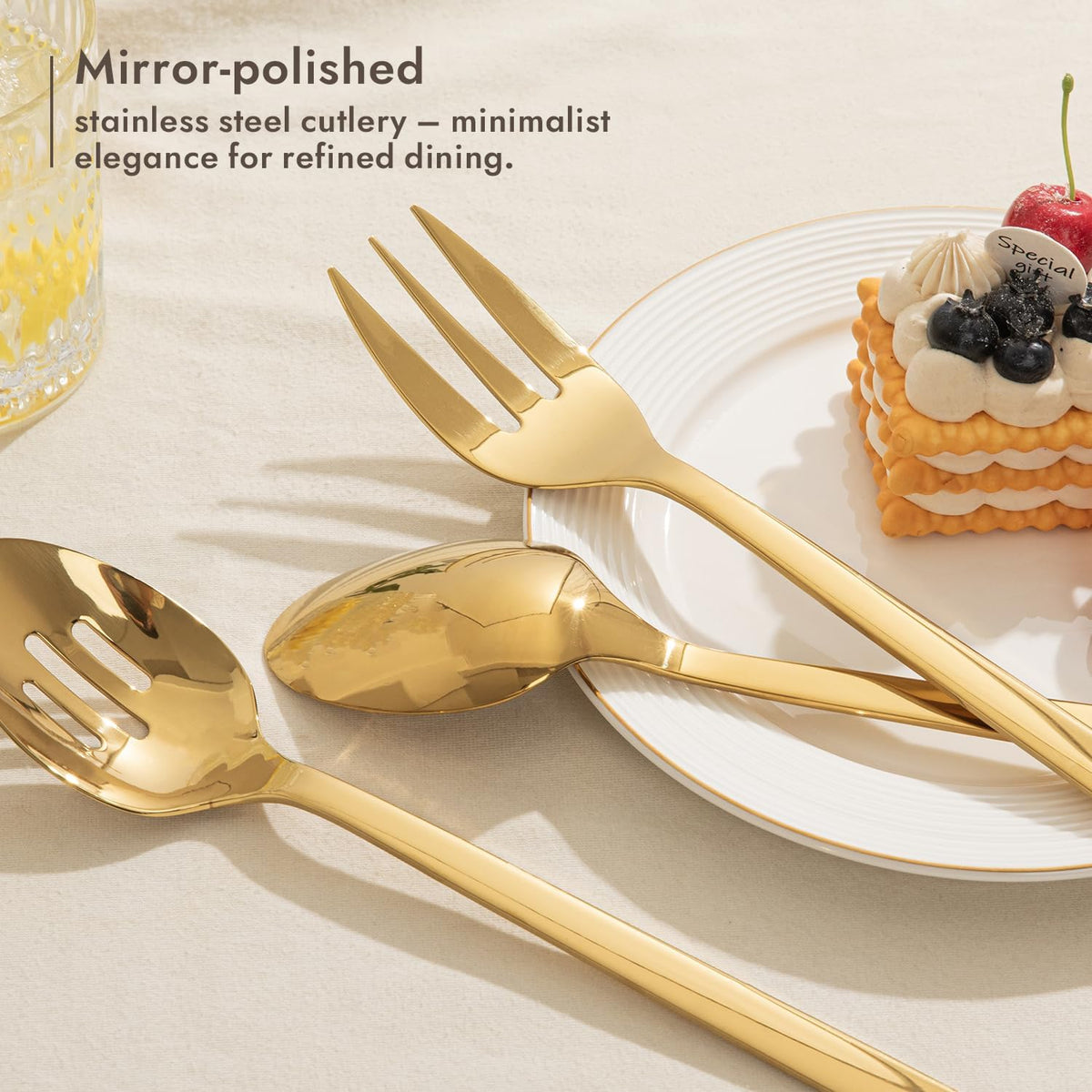 KINGSTONE Large Hostess Serving Utensils Set, 18/10 Stainless Steel -10 inch Serving Spoons, Slotted Spoons, Forks, Tongs, Cake Pie Server, Butter Knife, Sugar spoon for Buffet, Wedding, Party, Gold