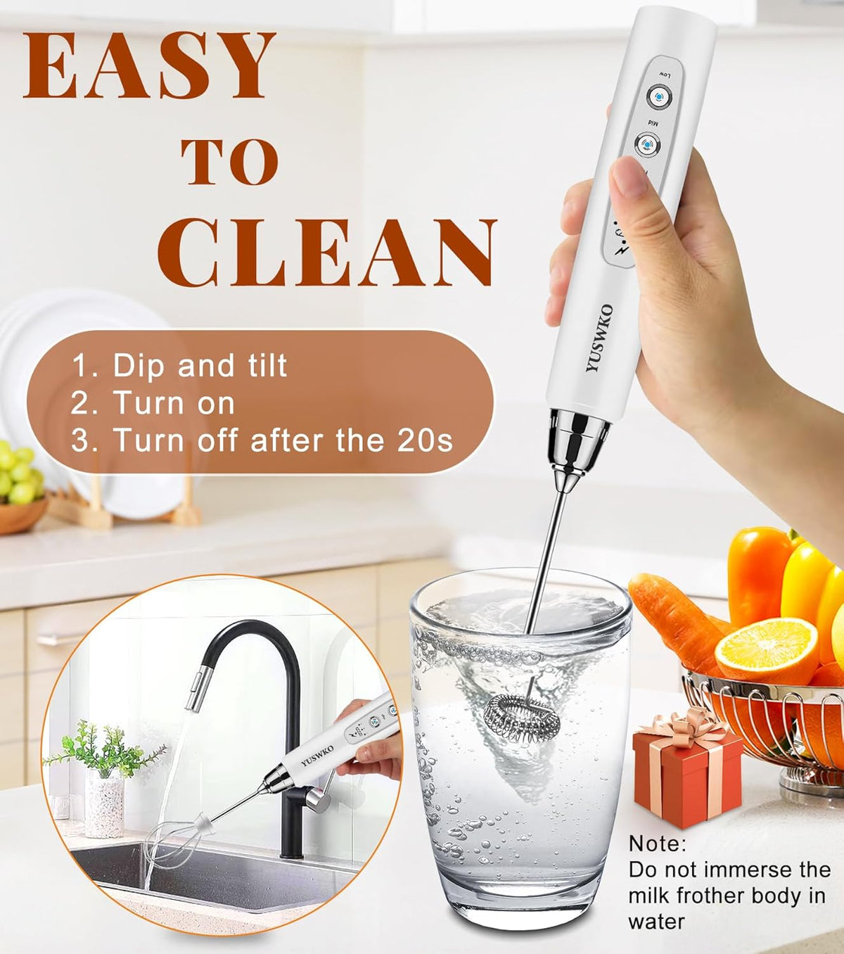YUSWKO Milk Frother Handheld for Coffee, Rechargeable Drink Mixer with 3 Heads 3 Speeds Electric Coffee Frother Whisk, Gift for Many Occasions and Festival