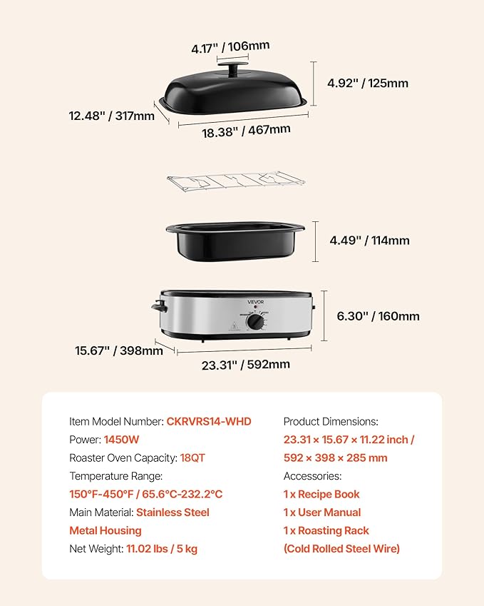VEVOR Roaster Oven, 18QT Electric Roaster Oven, 150-450℉ Adjustable Temperature Electric Roasting Pan with Self-Basting Lid, Cool-Touch Handle, Defrost & Warm Function, Stainless Steel Turkey Ovens