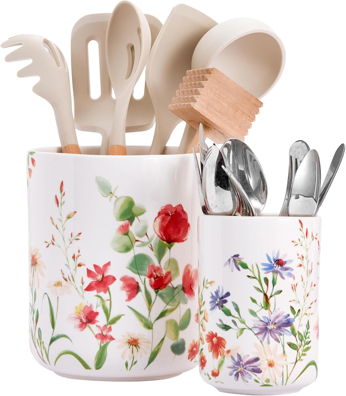 Bico Summer Provence Ceramic Utensil Holder Set of 2, Ceramic Kitchen Utensil Crocks for Countertop, Large Cooking Tool Holder Counter Decor, Spatula Organizer