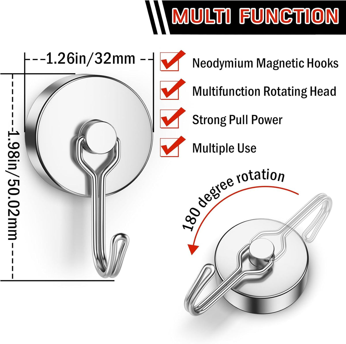 FINDMAG 100lbs+ Magentic Hooks Heavy Duty, Super Strong Magnetic Hooks for Cruise Essentials, Neodymium Magnets with Hooks for Hanging, Camper, Ceiling, Toolbox, Fridge, Beach Vacation, 6 Pack, Silver