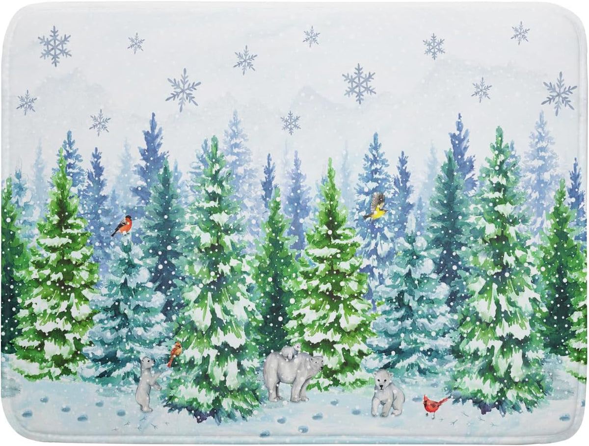 Winter Bear Bird Dish Drying Mat - Welcome Christmas Snowflake Drying Pad for Counter Forest Wildlife Dish Drainer Mat Cabin Animal Kitchen Accessories 18 x 24 Inch