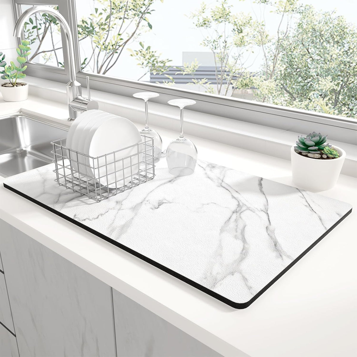 Rnivvi Dish Drying Mat for Kitchen Counter, XL 15 x 24" Cute Marble Super Absorbent Draining Pad, Non-Slip Heat Resistant Coffee Bar Mats for Coffee Machine Station Accessories, White Dish Rack Pad