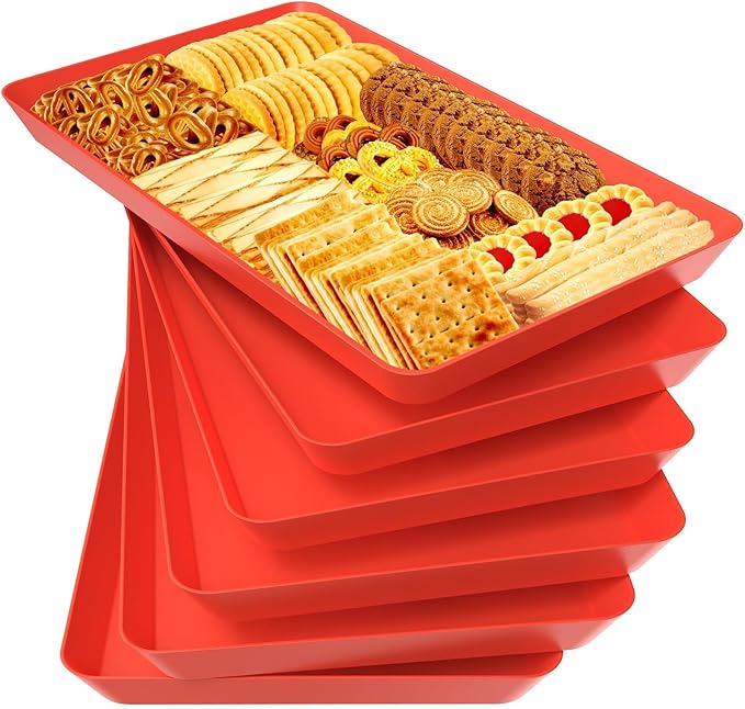 WOWBOX 6 pcs Serving Tray for Entertaining, Serving Platters for Snacks, Fruit, Cookies, Dessert, Reusable Plastic Trays for Serving Food and Pantry Organization in Kitchen & for Parties, (Red)