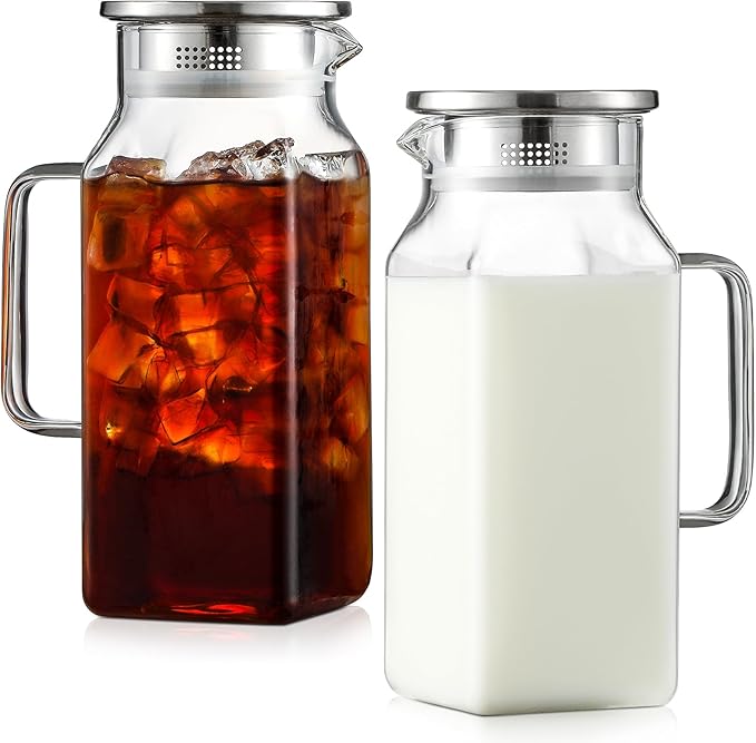 Netany 2 Pack 1.2 Liters/40 oz Small Square Glass Pitcher with Lid and Handle for Fridge, Iced Tea and Coffee Carafe Storage Container, Resistant to Hot and Cold Borosilicate Jug