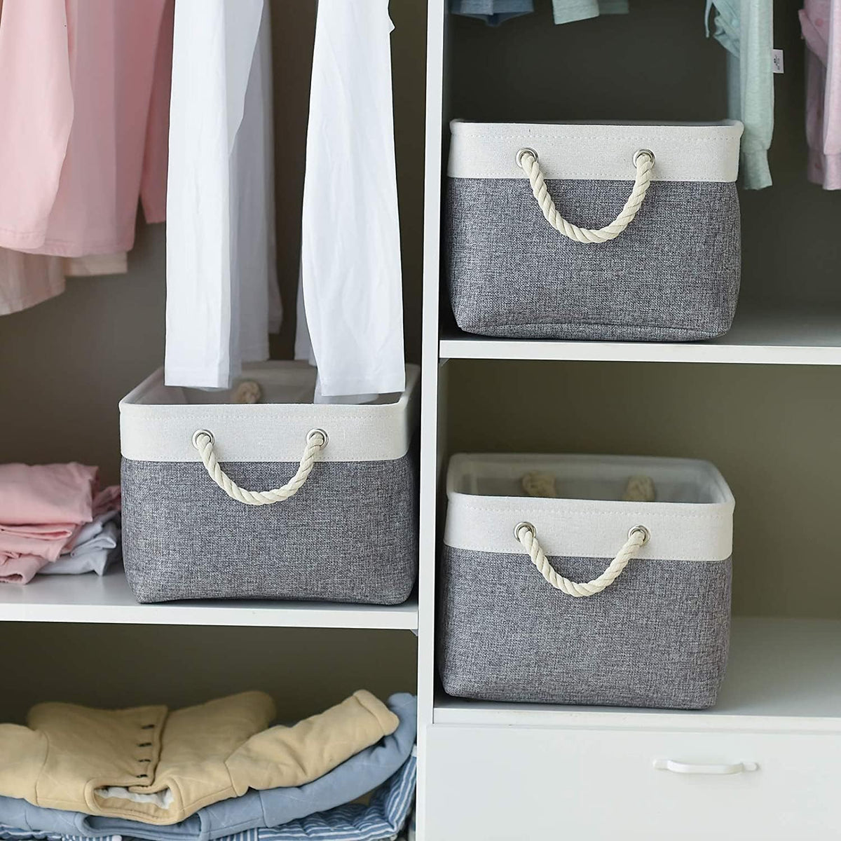 TcaFmac Storage Basket for Organizing - Large 4 Pack 15.8x11.8x8.2 inch Fabric Storage Bins for Shelves, Foldable Storage Cubes for Closet Cloth Toy Gift Kids(White&Grey)