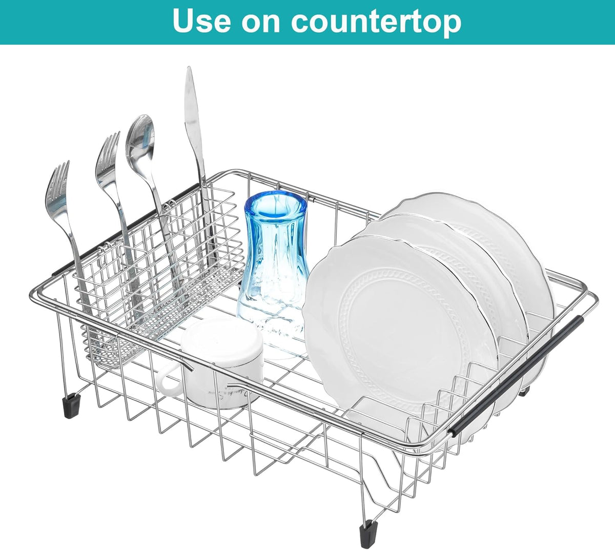 iPEGTOP Expandable Dish Drying Rack in Sink or Over Sink, Rustproof Stainless Steel Dish Drying Rack Basket Shelf, Multifunctional Dish Drainer Inside Sink Organizer with Utensil Cutlery Holder