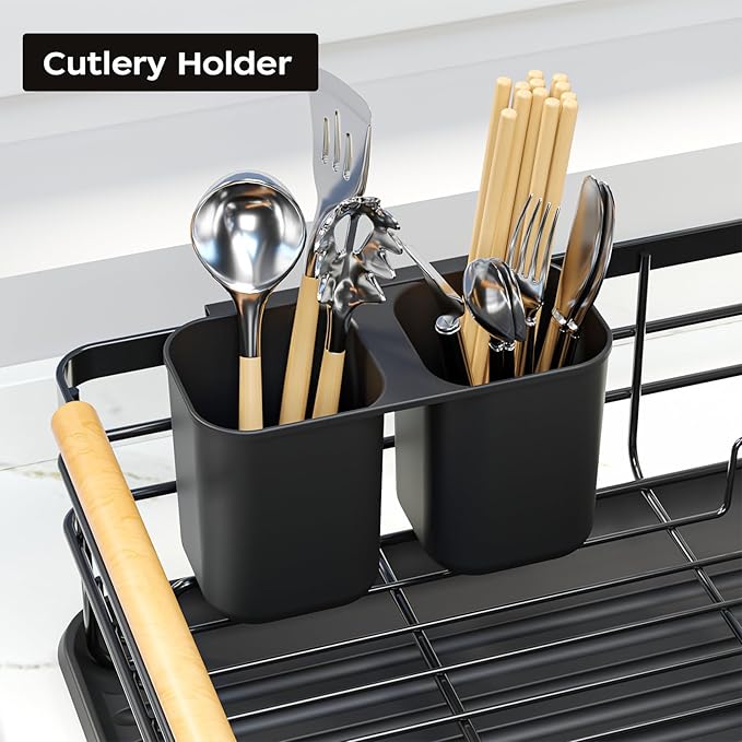 Dish Racks for Kitchen Counter: Wooden Handles, Thickened Metal, No Assembly. Small Dish Drying Rack: Ideal for Small Households. Drying Rack Kitchen: Black