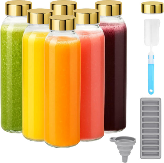 Zukro Glass Water Bottles with Lids 18 oz, Reusable Juice Bottles for Juicing, Leak Proof Juice Storage Containers for Fridge, Clear Drinking Jars With Stainless Steel Caps, BPA Free, Set of 6 Gold