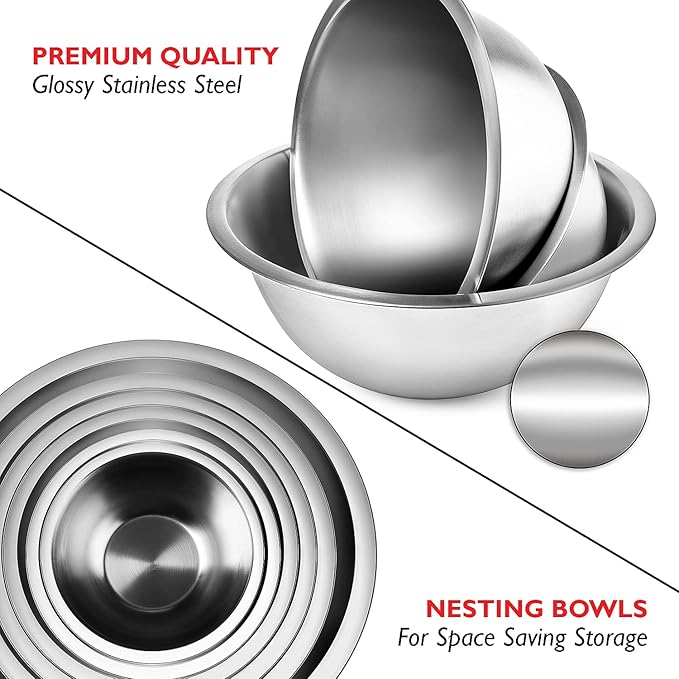 EATEX Stainless Steel Mixing Bowls with Measuring Cups & Spoons Set of 14 - Dishwasher Safe Nesting Mixing Bowl Set for Cooking, Baking & Meal Prep Non-Slip Premium Bowls