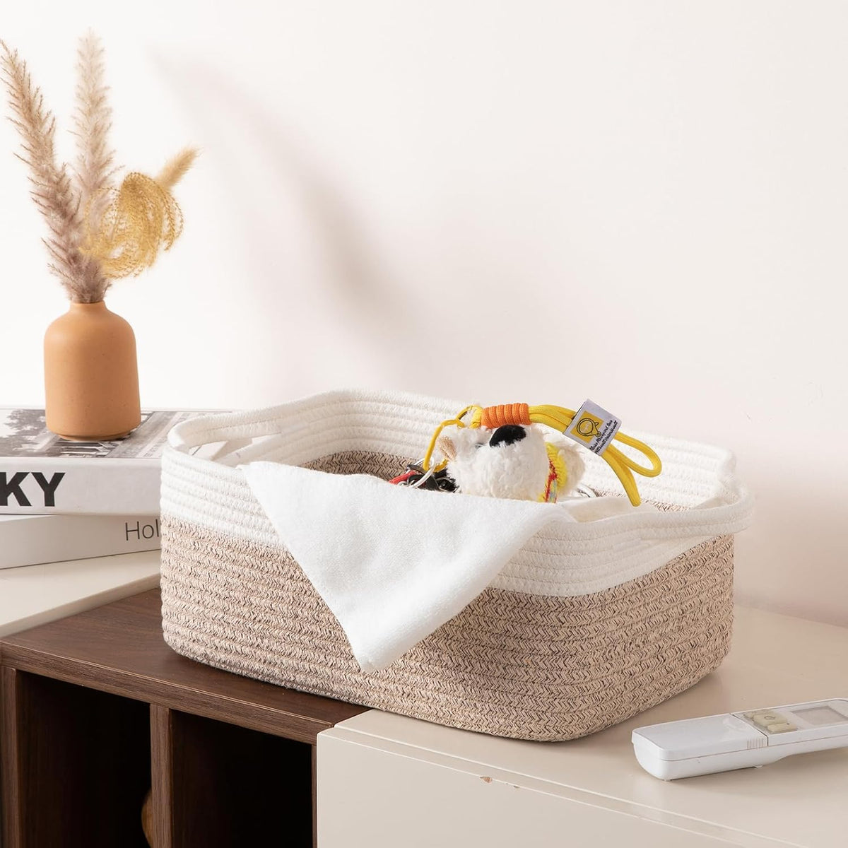 OIAHOMY 3 Pack Storage Baskets for Organizing, Woven Cotton Rope Basket for Shelves, Closet Organizer Bins with Handles, Rectangle Toy Organization, 13.78''×9.84''×5.5'', Brown & White