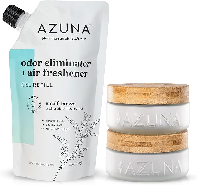 Azuna Air Freshener & Odor Eliminator for Strong Odor | 2 Room Kit Includes (2) 8 oz. Empty Luxe Glass Jars & 12 oz | Refill with Tea Tree Essential Oil Gel | Amalfi Breeze | Last 60-90 Days