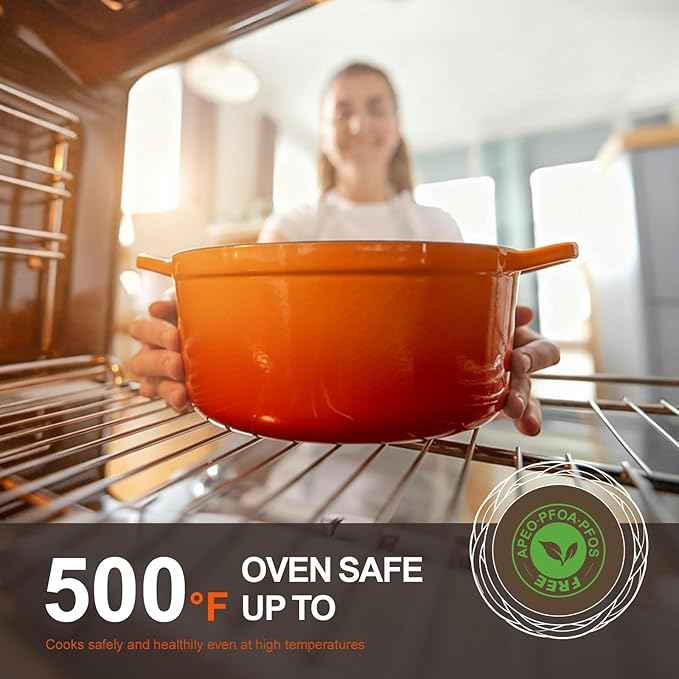 Overmont Enameled Cast Iron Dutch Oven - 5.5QT Pot with Lid Cookbook & Cotton Potholders - Heavy-Duty Cookware for Braising, Stews, Roasting, Bread Baking Orange