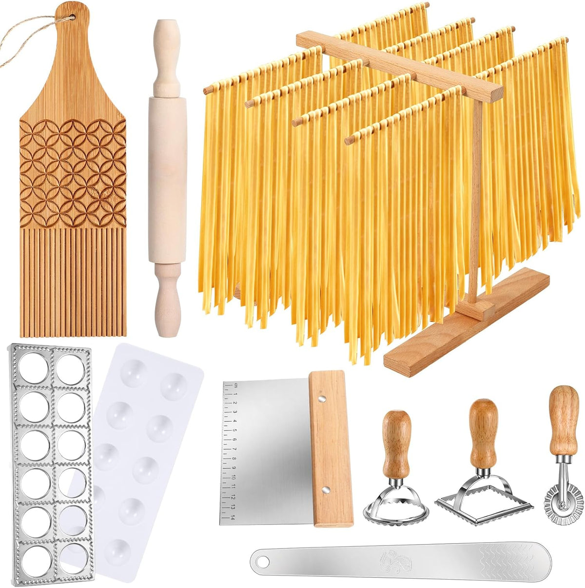 Baderke 9 Pcs Pasta Making Tool Set Include 1 Bamboo Drying Rack 1 Ravioli Press 1 Gnocchi Board 1 Cutter 1 Rolling Pin 1 Filling Spoon 3 Ravioli Stamp for Pasta Maker