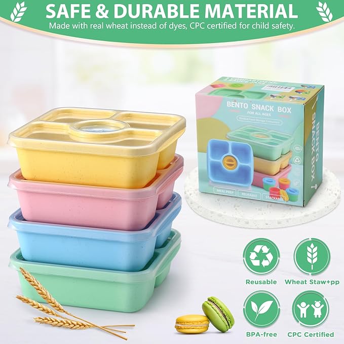Bento Snack Box Containers for Adults Kids, 4 Pack Lunchable Meal Prep Containers Reusable, Stackable Bento Lunch Box, Food Storage Prep Containers with Lids and 4 Sauce Cups, Pastel Color, Clear Lid