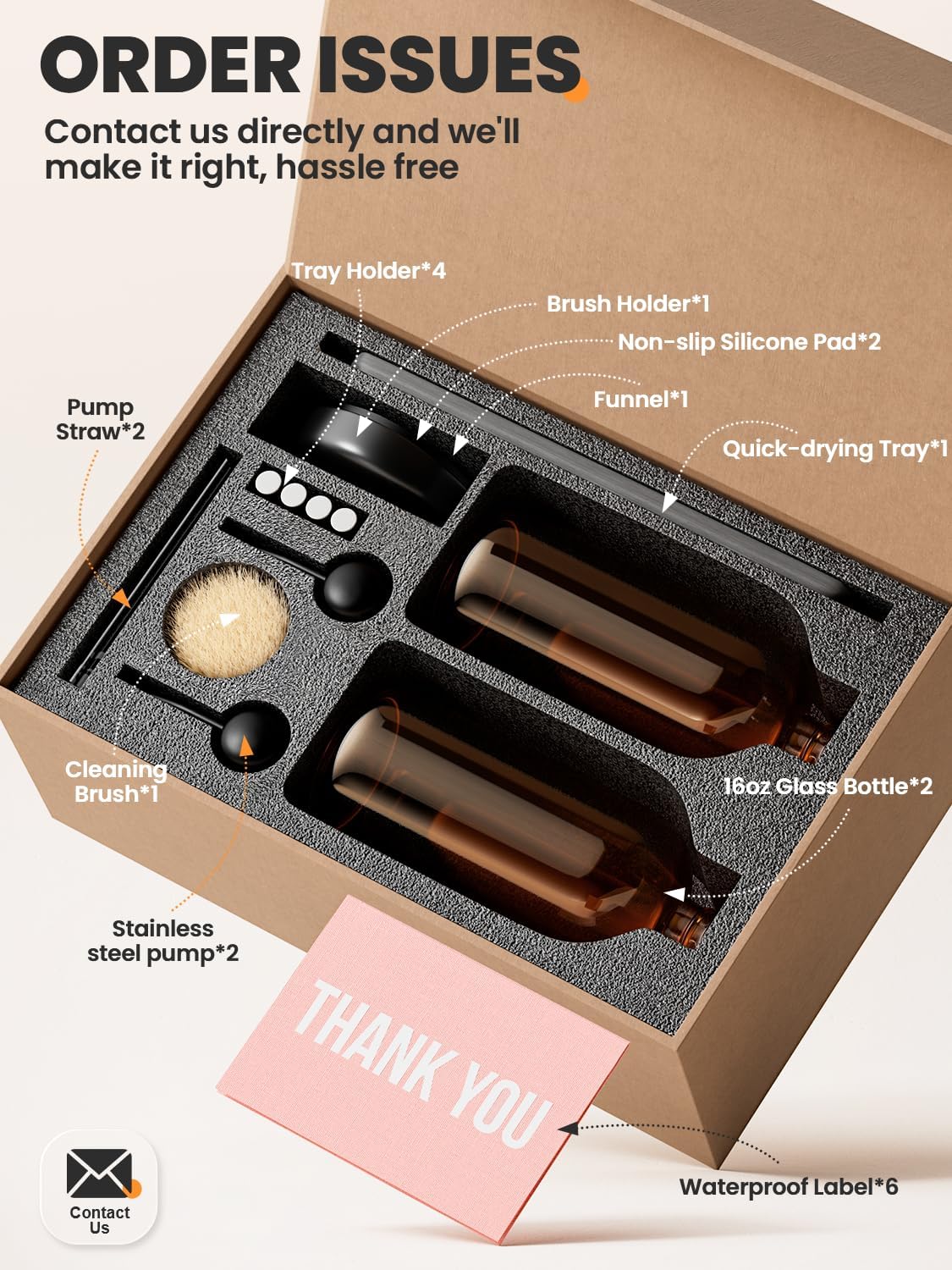 [Luxury] Kitchen Soap Dispenser Set - 16OZ Amber Glass Bottle, Stainless Steel Pump, Instant Dry Tray, Waterproof Labels, Non-Slip Silicone Pad, and Dish Brush | Upgrade for Your Kitchen and Bathroom