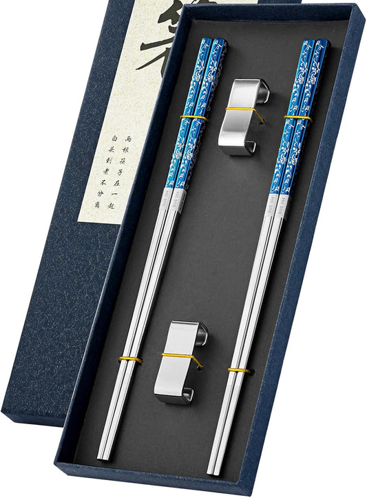 Metal Chopsticks Reusable 2 Pairs Titanium Plated Stainless Steel Chopsticks with Holder, Dishwasher Safe Non-Slip Japanese Style Chop Sticks Present Set (Blue Silver)