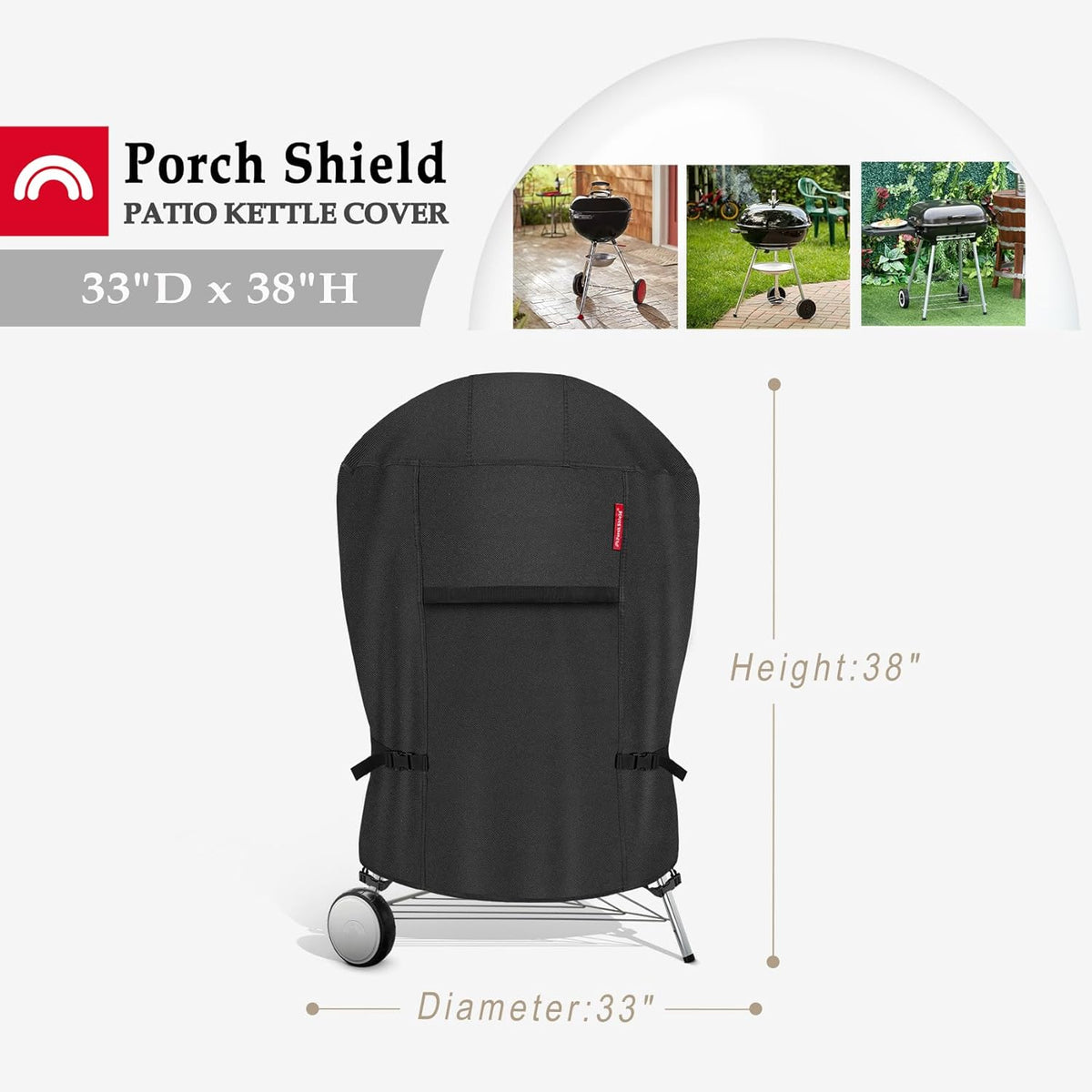 Porch Shield Outdoor Charcoal Kettle Grill Cover 26 inch Waterproof 600D Round Smoker Cover Fits Most Kettle Grill 33" Dia x 38" H, Black