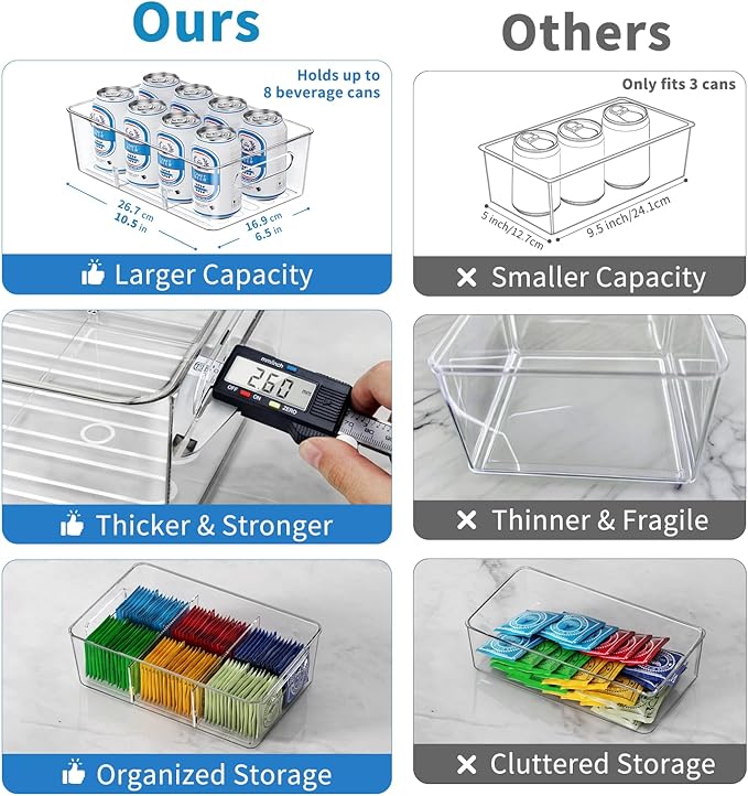 Pantry Organizers and Storage , 8 Pack Snack Organizer for Pantry Shelf,Food Storage Bins with Divider,Clear Containers for Organizing,Transparent Plastic Basket,Refrigerator and Fridge Bins