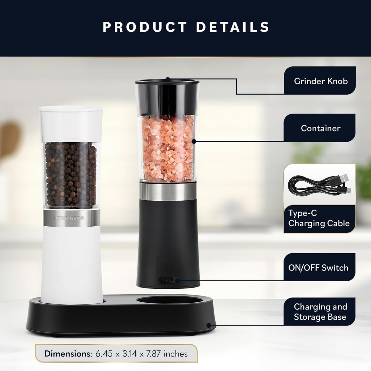 Home Hero Electric Salt and Pepper Grinder Set - Automatic Salt and Pepper Grinder Set Rechargeable. Electronic Salt and Pepper Shakers with LED Light, Gravity Electric Pepper & Salt Grinder, Set of 2