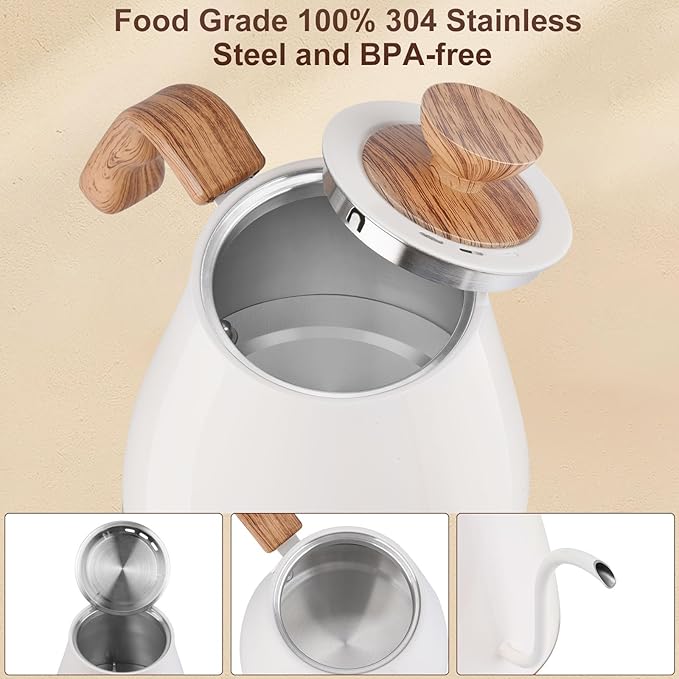 Gooseneck Electric Kettle, Intelligent Temperature Control, Stainless Steel Inner, Quick Heating, for Pour Over Coffee, Brew Tea, Boil Hot Water, 1000W 0.9L Cream White