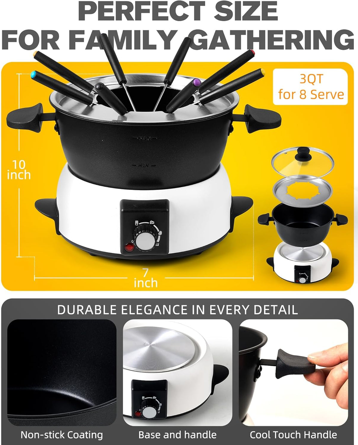 3-Quart Electric Fondue Pot Set – Stainless Steel Fondue Pot with 8 Color-Coded Forks, 3-Mode Adjustable Temperature Control for Cheese, Chocolate, Oil, and Hotpot, Model FD-10B