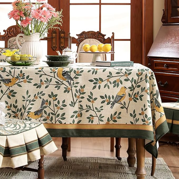 patdrea Designer Vintage French Small Rectangle Table Cloth,Green Linen Yellow Birds and Leaves Pattern Tablecloth,Decor Table Cover Kitchen Dining Christmas,Banquet,Thanksgiving,55"x71"-Warbler