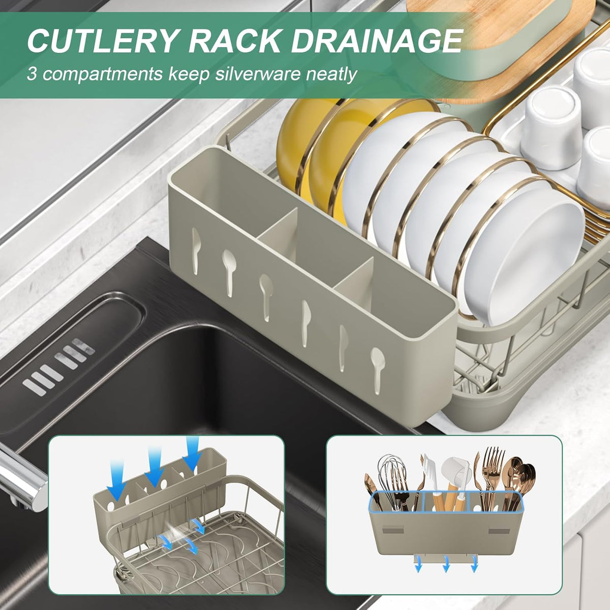 Kitchen Dish Drying Rack – Large Capacity Single Tier Dish Drainer with Drainboard & Utensil Holders, Kitchen Organizer for Dishes, Spoons and Forks, Grey