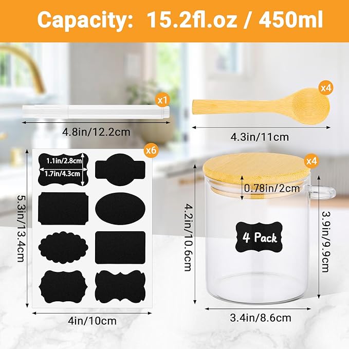 Glass Jars with Bamboo Lids - 4 Pack 15 Fl.oz Round Glass Storage Jars with Airtight Lid and Spoon, Clear Stackable Food Container for Overnight Oats, Spice, Coffee, Sugar, Tea Canister
