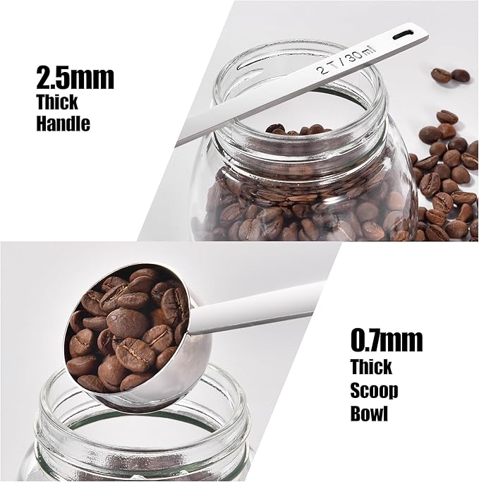 18/8 Stainless Steel Coffee Scoops, Doosu Food-Grade Metal Measuring Spoon with 4.3in Long Handle, Tablespoon Scooper for Coffee Beans, Ground Coffee, Protein Powders, Tea, Sugar (1 & 2 Tbsp)