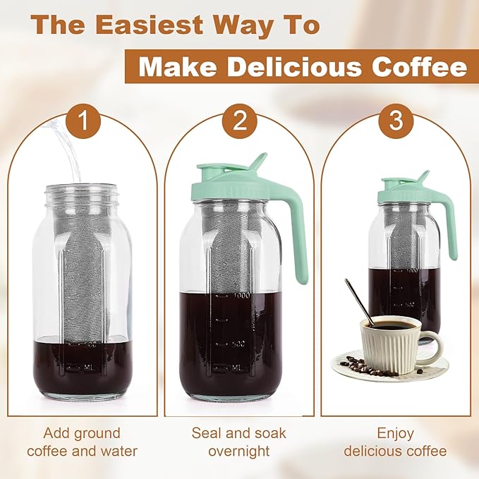 Cold Brew Coffee Maker，64 oz Wide Mouth Mason Jar Pitcher with Stainless Steel Filter, Pour Spout Handle Lid, Heavy Duty Glass Airtight & Leak-Proof for Iced Coffee Tea & Lemonade-Green