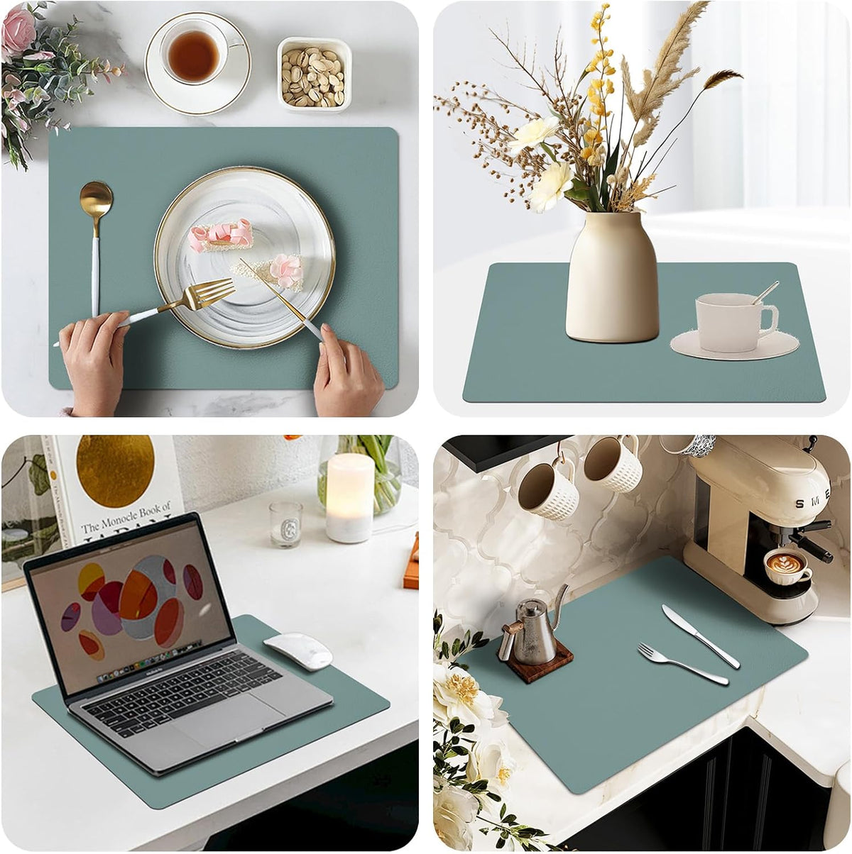 Silicone Placemats Set of 4,Waterproof Mats,Green Silicone Placemats for Dining Table, Reusable Mat,Non Skid Placemats,Easy to Clean, Dustproof,Perfect for Indoor Dining by Siliconty (Green)