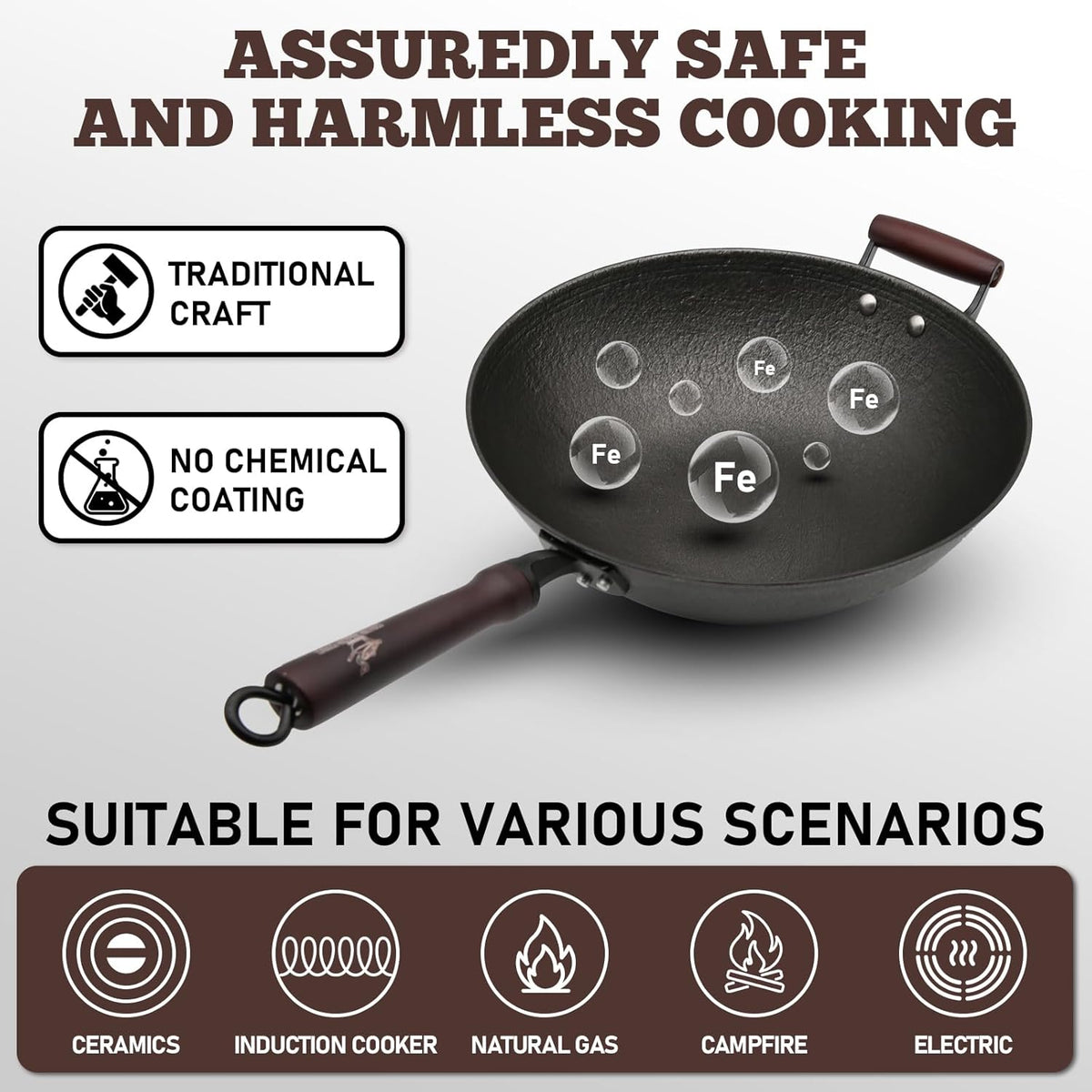 HONGJIANG Cast Iron Wok Pan, 13.4" Pre-Seasoned Flat Bottom Wok,Coating-Free Wok Stir Fry Pan With Glass Lid,Compatible Traditional Chinese Wok For Induction, Electric, Gas,Open Fire