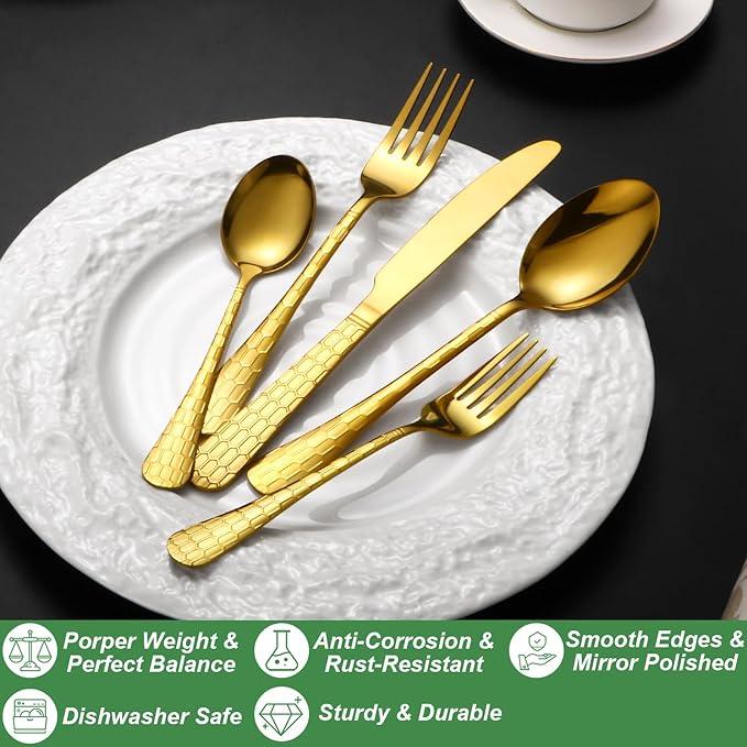 20 Pcs Gold Silverware Set for 4 with Water Cube Handle design, Food Grade Stainless Steel Flatware Set, Eating Utensils Sets Include Fork/Knife/Spoon, Reusable Cutlery Set, Dishwasher Safe