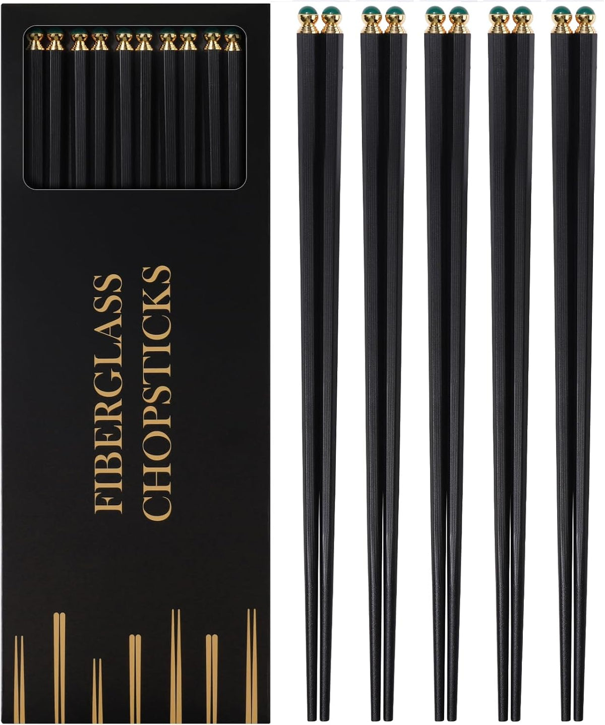 GLAMFIELDS 5 Pairs Premium Chopsticks Reusable Dishwasher Safe 10.5 Inch Gift Set Hexagon Black Chop Sticks with the Green Tops