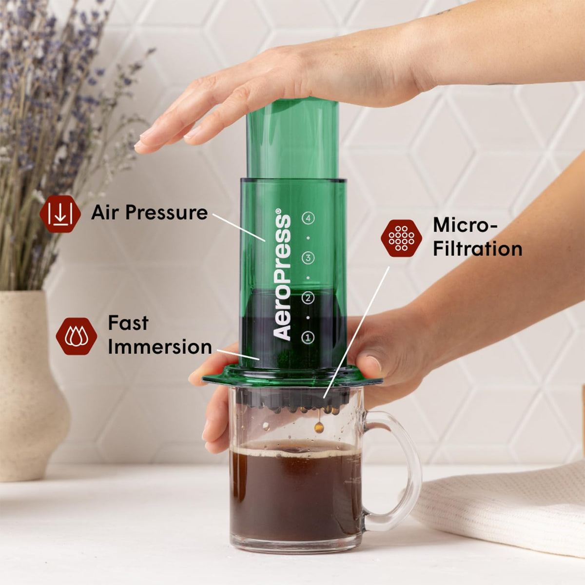 AeroPress Clear Green Coffee Press – 3 In 1 Brew Method Combines French Press, Espresso-style, Full Bodied Coffee Without Grit or Bitterness, Small Portable Coffee Maker for Camping & Travel, Green