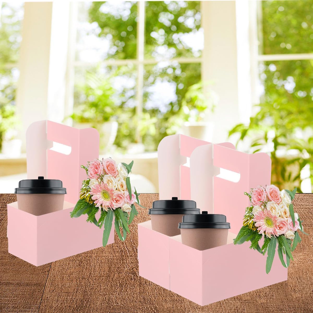 Drink Carrier with Handle Cup Coffee Holder Sturdy Beverage Carriers Pink