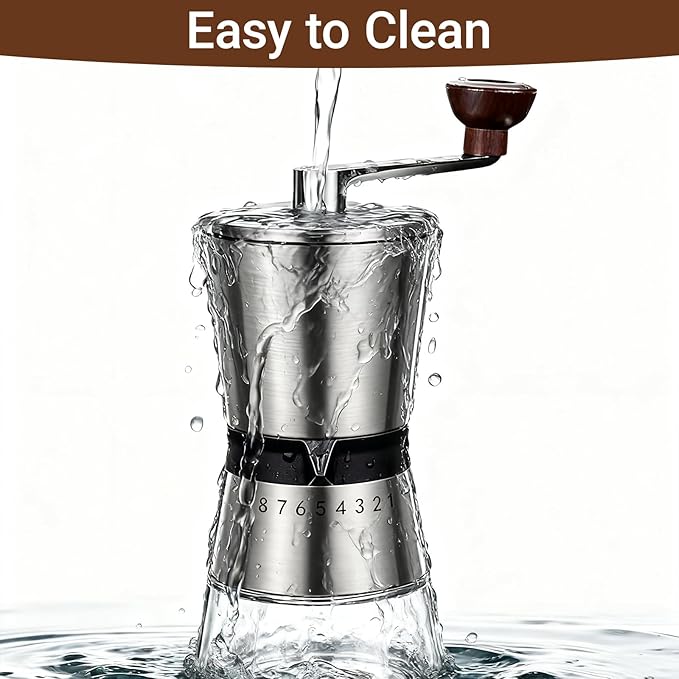 Ceramic Burr Manual Coffee Grinder with 8 Adjustable Coarseness Settings for Cold Brew Espresso Beans French Press Pour Over Drip Stainless Steel Hand Crank Coffee Mill for Home use or Travel Camping