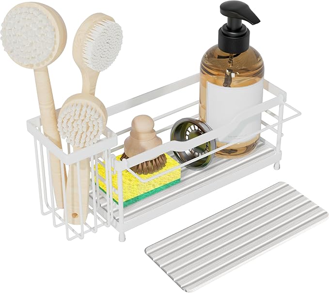 Sponge Holder for Kitchen Sink,Sink Caddy Organizer with Stone Drying Tray, Stainless Steel Kitchen Countertop Organizer for Sponge Soap Dispenser White