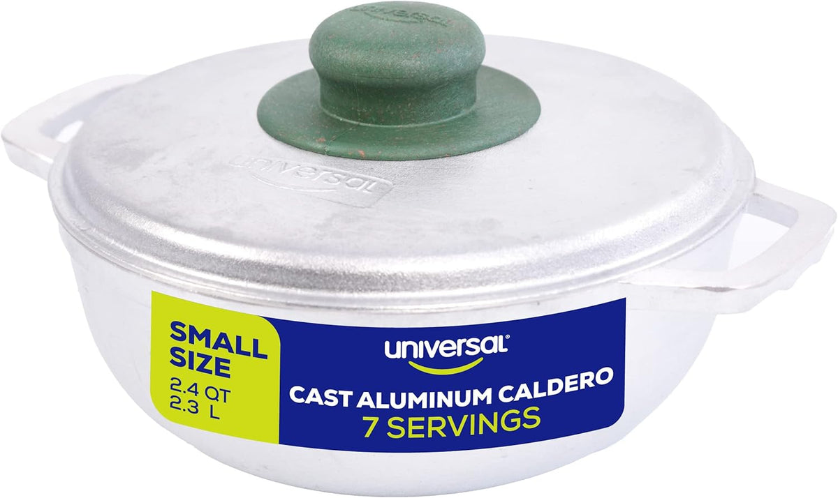 Universal (Small Size) Caldero 7 Cups - 2.4 QT / 2.3 L, Stainless Aluminum Pot, Even Heat Distribution and Fast Cooking Dutch Oven Pot, Ergonomic Handles, Ideal for Rice, French Fries, and More