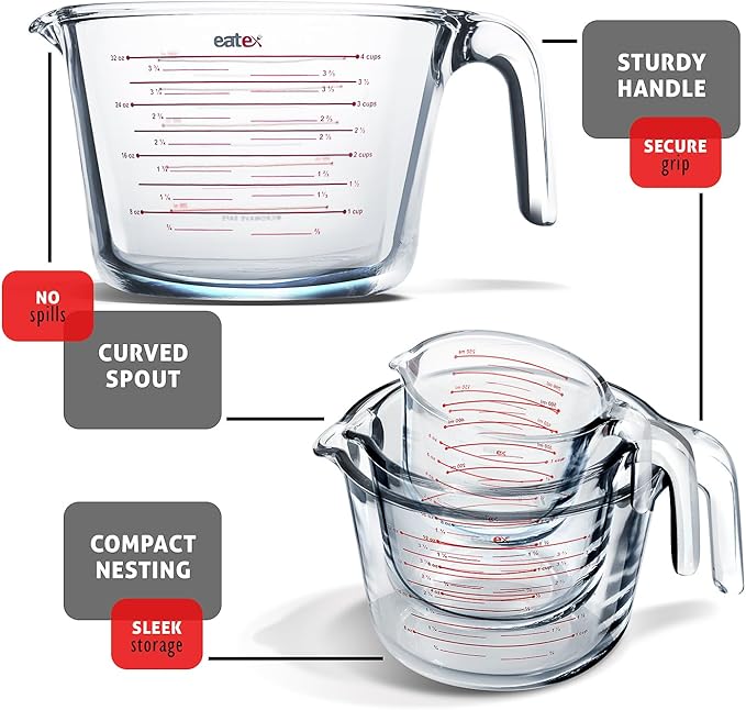 Eatex Mixing Bowls with Measuring Cups & Measuring Spoons 17 Piece Set - Nesting Stainless Steel Mixing Bowls Set for Kitchen, Measuring Spoons & Glass Liquid Measuring Cups, Dishwasher Safe Meal Prep