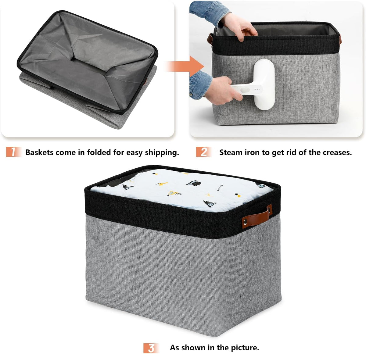DULLEMELO Fabric Storage Bins - Decorative Large Baskets for Home Shelves & Bedroom, Canvas Toy Organizers (Black & Gray)