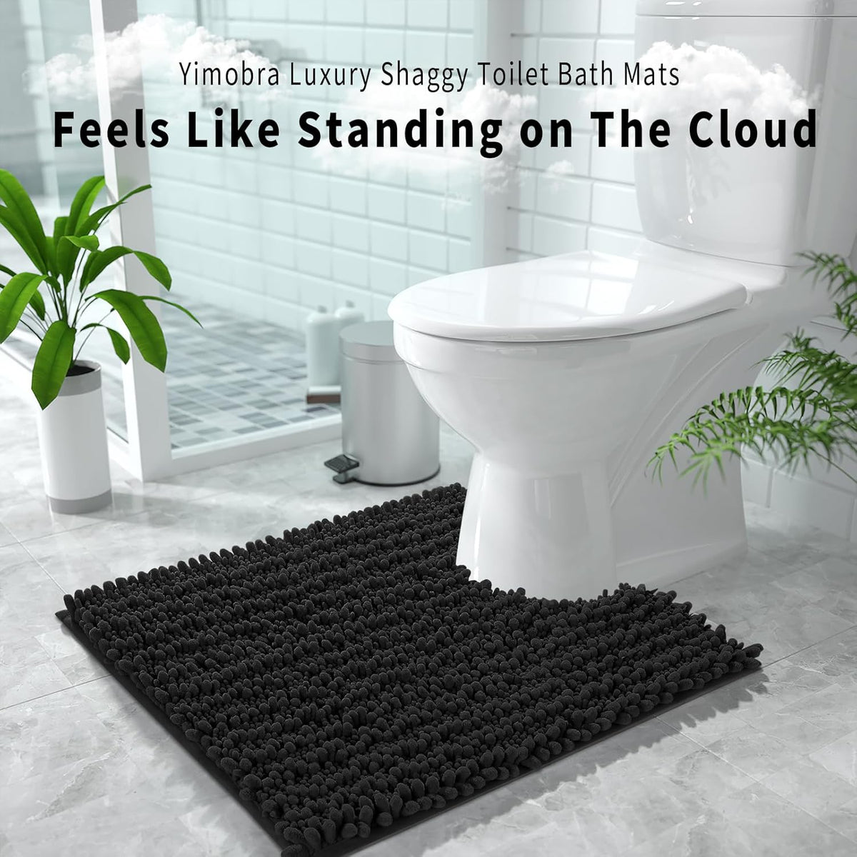 Yimobra Toilet Rug U Shaped Washable 24x20 Inch - Ultra Soft Absorbent Chenille Bath Rugs for Toilet, Quick Dry & Machine Washable, Non Slip Contour Bathroom Mat, Black