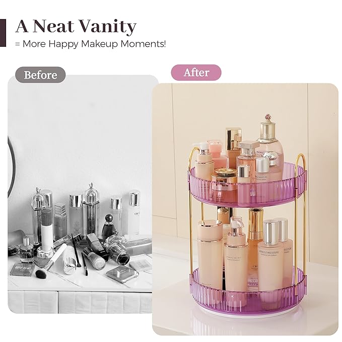 Aveniee Rotating Makeup Organizer for Vanity, Perfume Skincare Organizers Spinning, 2 Tier Bathroom Countertop Storage, Cosmetics Lipstick Holder for Counter Dresser,Purple