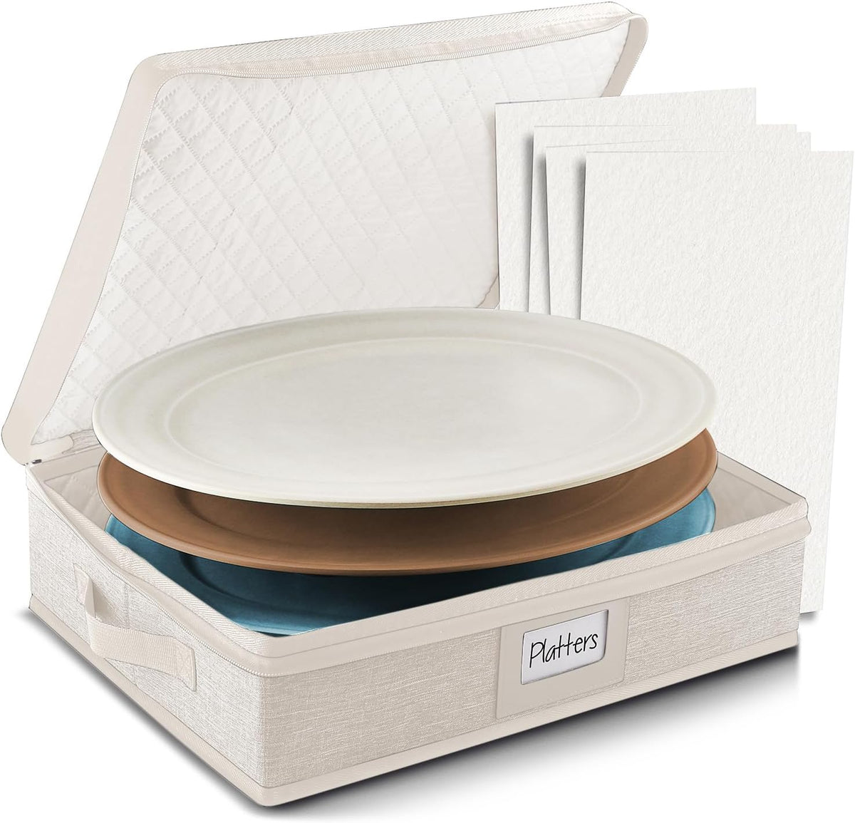 Platter Storage Case – Fine China Storage Containers Hard Shell, Quilted and Stackable 16”x 12.5”x 3.5” Platter Storage Container with Handles and Felt Dividers for Moving and Seasonal Storage, Cream