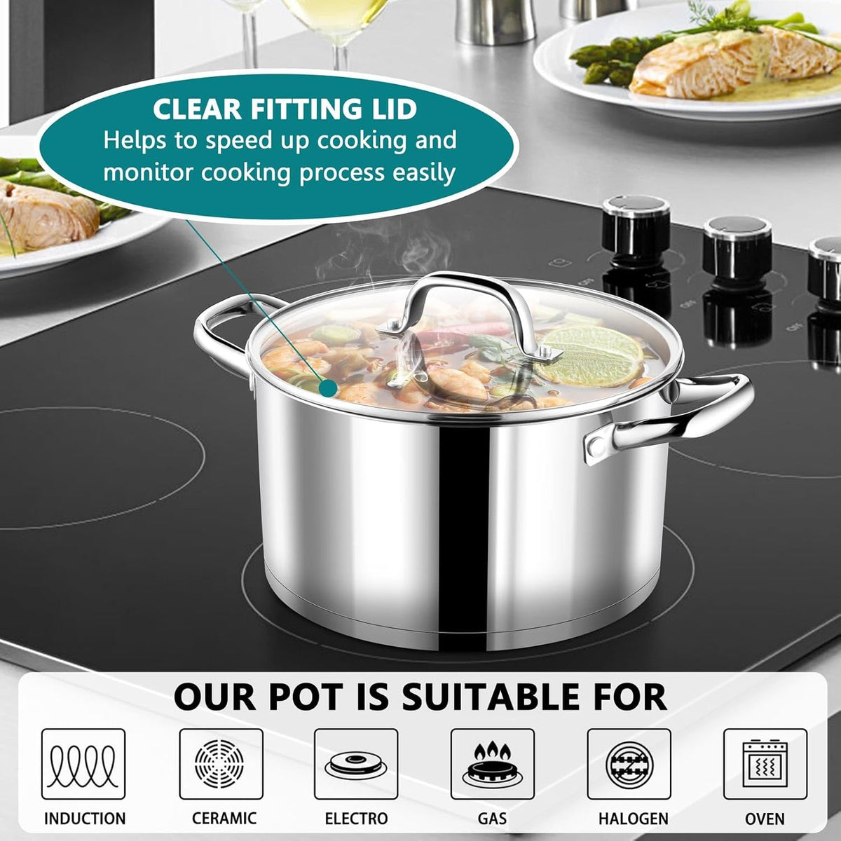P&P CHEF 6 Quarts Cooking Stock Pot with Lid, Stainless Steel Stockpot Induction Pot for Soup, Tri-Ply Bottom & Clear Glass Lid & Double Handle, Dishwasher Safe