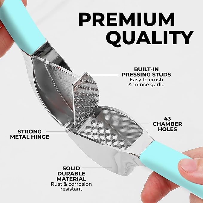 Zulay Kitchen Comfort Grip Garlic Press - Garlic Mincer Tool - Garlic Crusher - Garlic Press Mincer Rust Proof, with Soft Ergonomic Handle, Easy Clean Set with Peeler and Brush - Light Blue